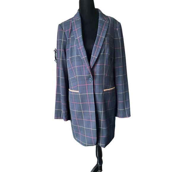 TOMMY HILFIGER Plaid Windowpane Women’s Blazer Suede Elbow Patches SZ12 NWT - Picture 3 of 9